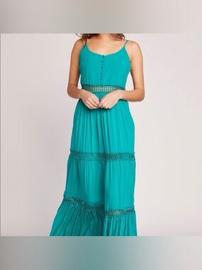 BB Dakota Teal Spaghetti-Strap Maxi Dress with Crochet Waist and Tiered Skirt